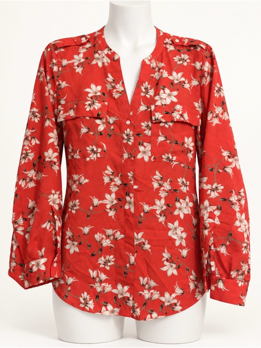 Calvin Klein Red Floral Split-Neck Button Down Blouse